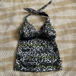 La Vie En Rose Black White Brown & Neon Leopard Halter Tankini Top w Brass Hoop